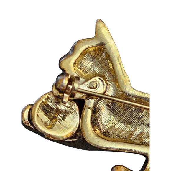 Vintage Rhinestone Cat Brooch Black Enamel Green Eye Kitty Pin Yarn Ball Gold - Picture 4 of 7